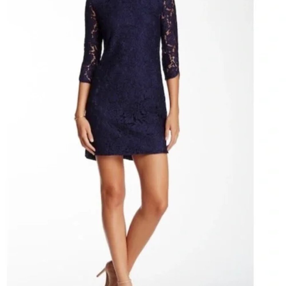 Vince Camuto Navy Lace Overlay Shirttail Hem Shift Designer Dress